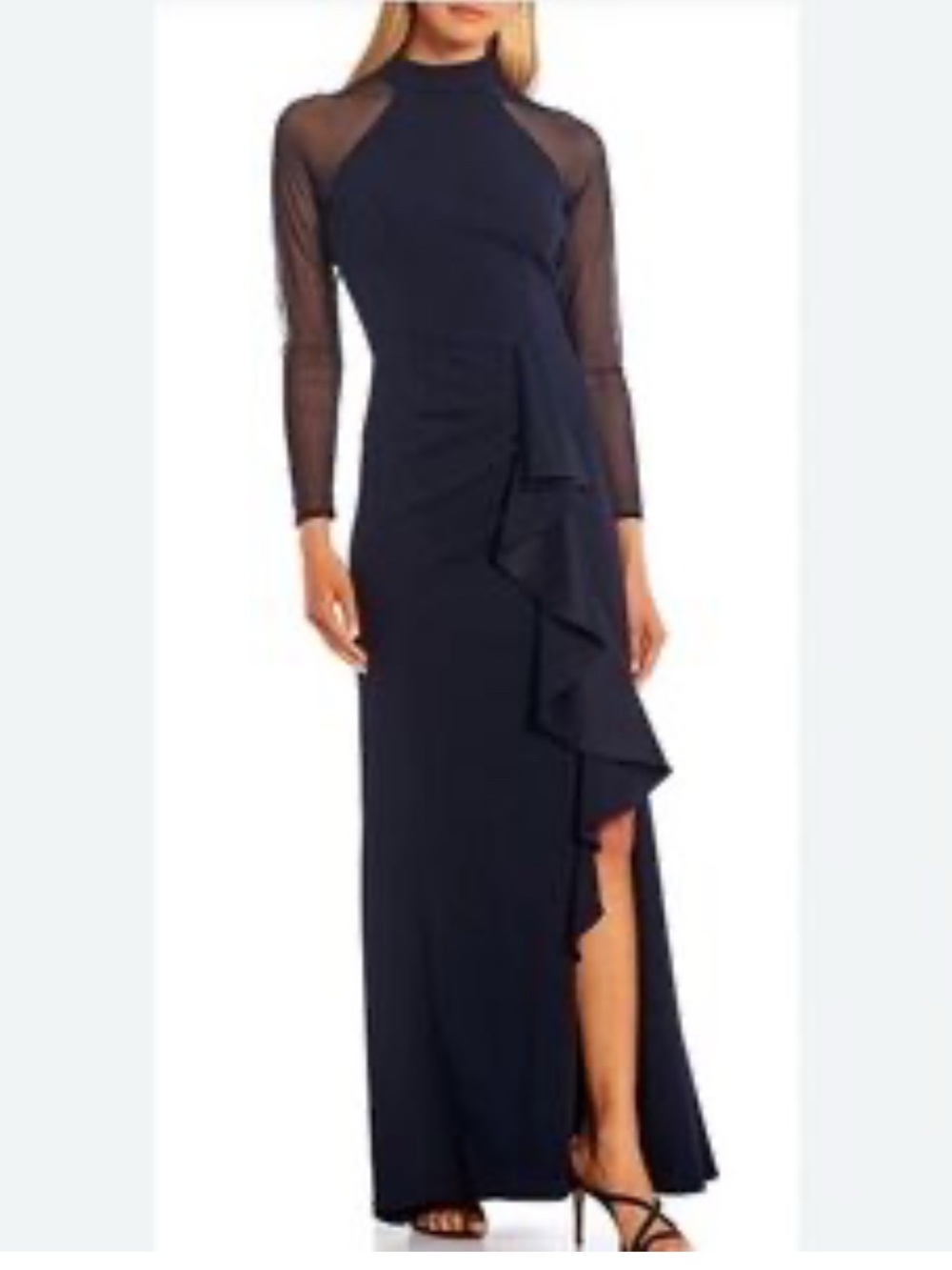 Betsy & Adam Womens Navy Drapey Sheer Sleeve Long Formal Maxi Dress